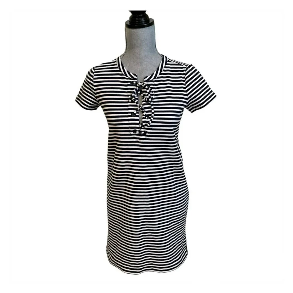 J. Crew Size XXS Stripe Lace Up Shift Knit Dress Blue White - Picture 3 of 7